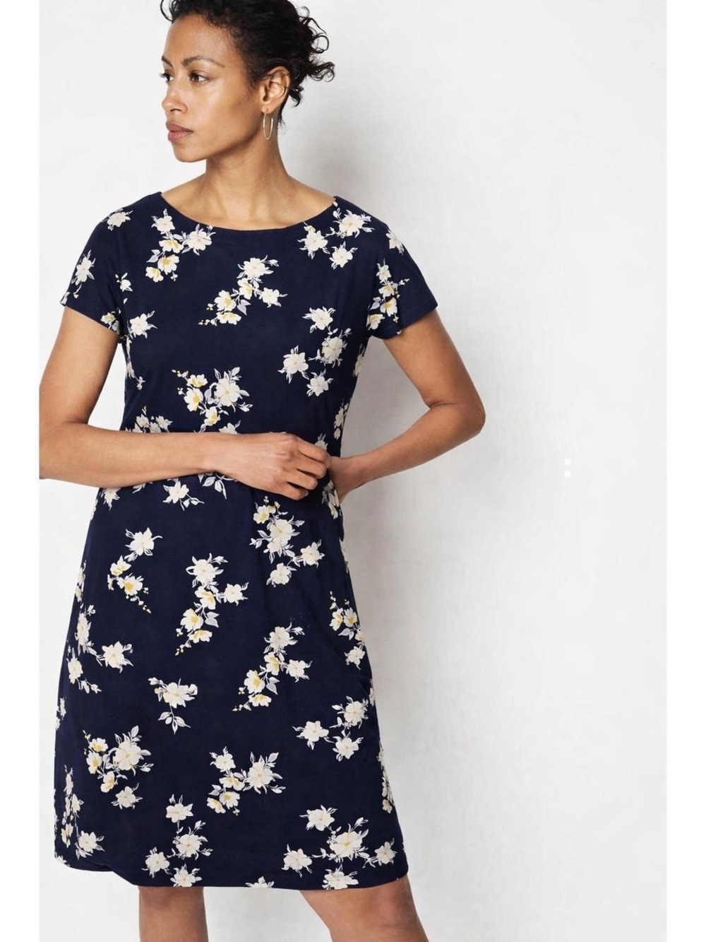 J. Jill Wearever Collection Navy Floral Short Sleeve Pocket Shift Dress L